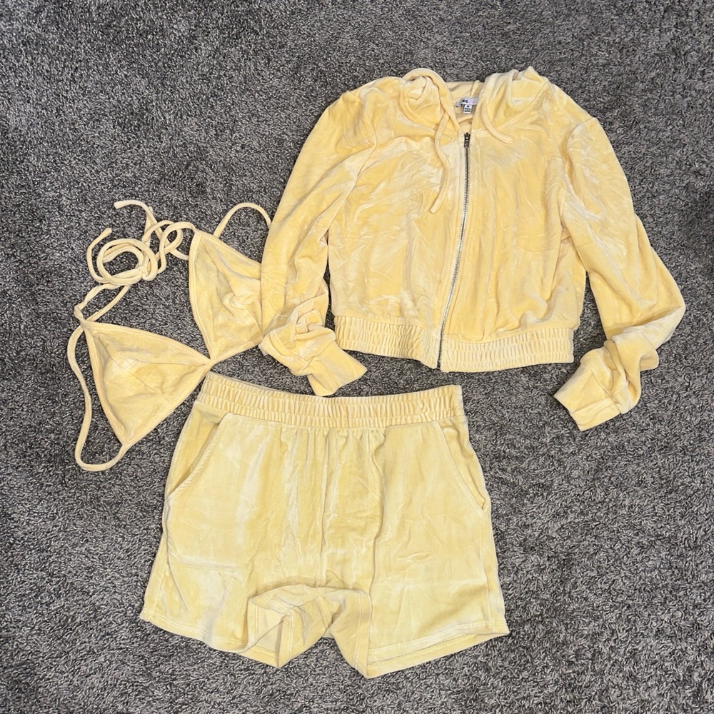Yellow Velour Jacket, Shorts, and Bikini Set